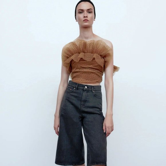 NWT Zara polka dot & pink / tan tulle crop top, M - Picture 2 of 9